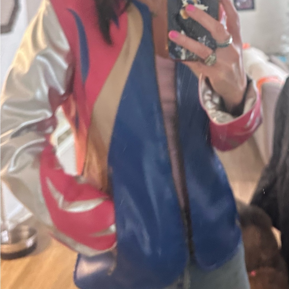NWOT Stylish Pink and Blue Women's Vegan Faux Leather Jacket Size Small Barbie